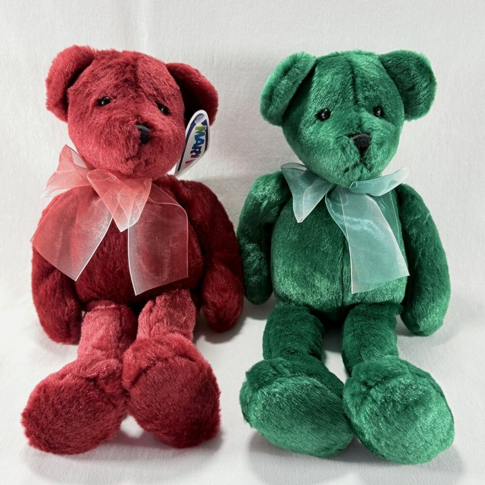 Vintage 2002 Red‎ and Green Retired Mary Meyer 2 Plush Teddy Bears 13 Inches HTF